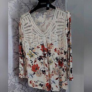 Daniel Rainn Romantic Cottagecore Floral Blouse Crochet Lace Trim Boho Chic